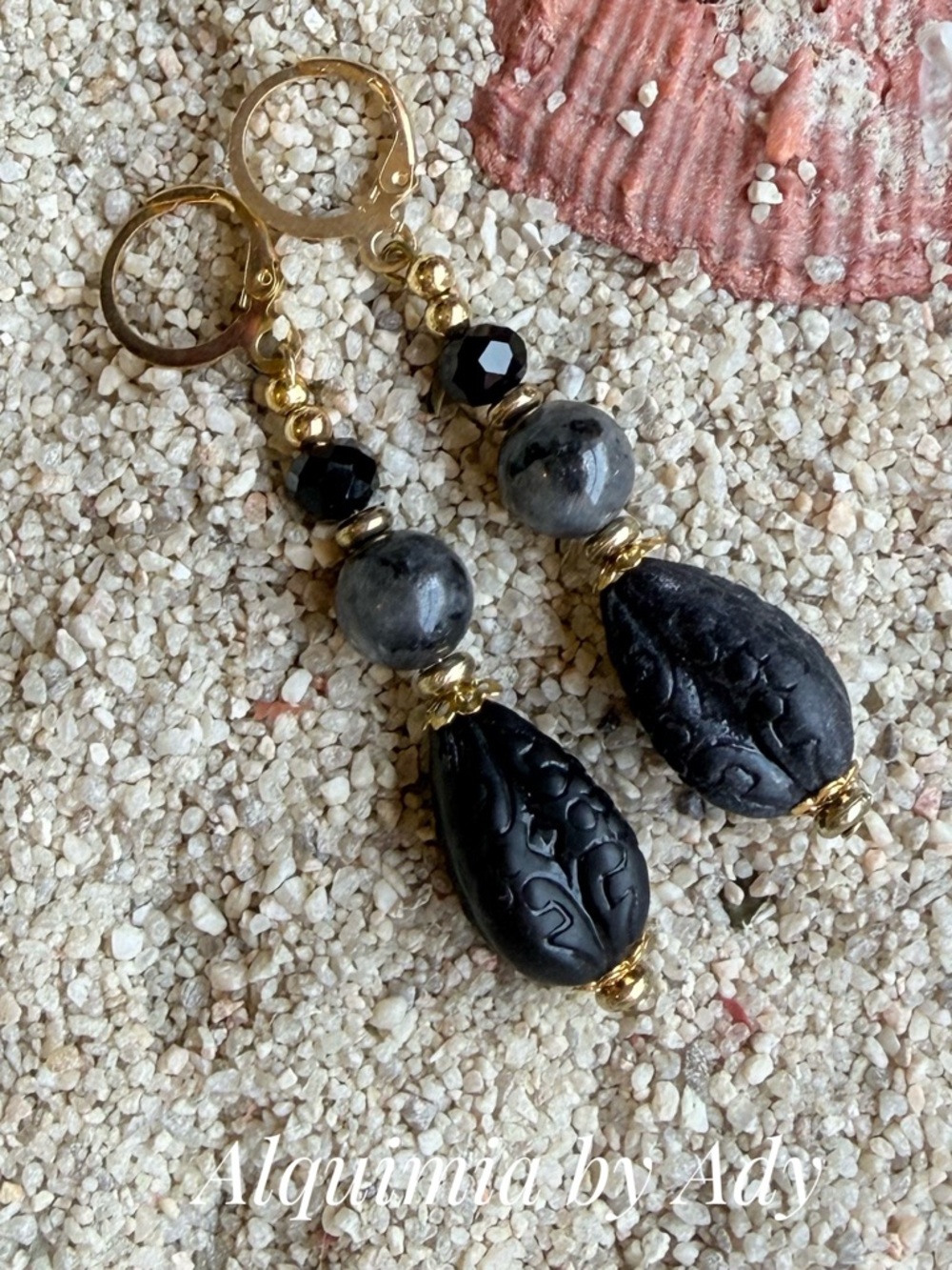 ACRYLIC BLACK + ONIX + obsidian long earrings - Picture 1 of 1